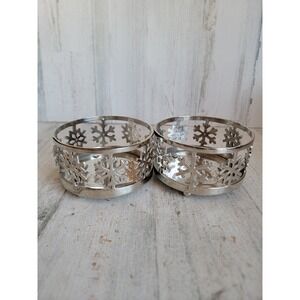 Silver snowflake metal candle 3 wick holder set Xmas home decor snow